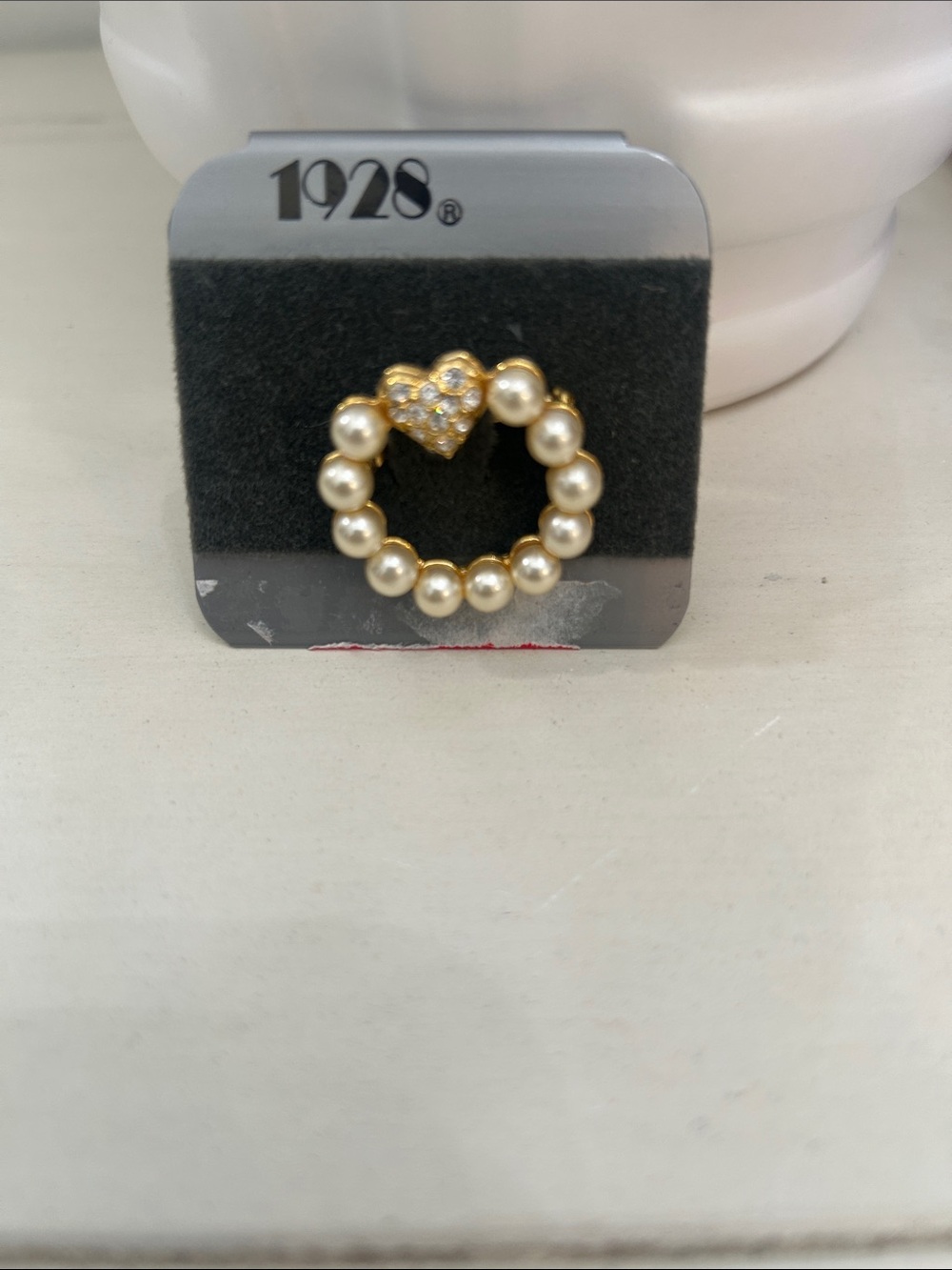 1928 Gold-Tone Faux Pearl Wreath Brooch with Pave Heart